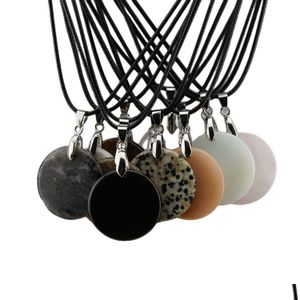 Pendant Necklaces 30Mm Circar Shape Gemstone Necklace Various Different Crystal With Black Rope Chain Drop Delivery Jewelry P Dhgarden Dhu80