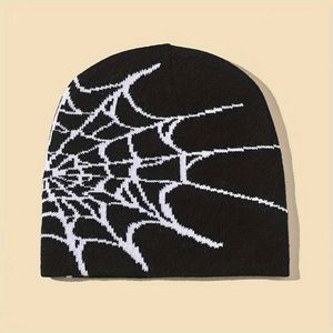 Beanie / Skull Caps 2023 Novo Goth Spider Web Jacquard Beanie Caps Y2K Malha Quente Hip Hop Unisex Elastic Knit Chapéu Skull Cap Para Mulheres Homens 230914