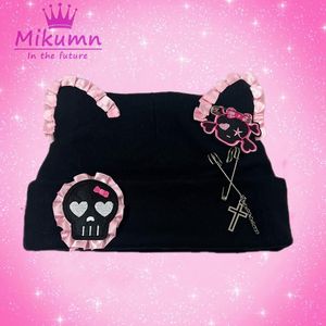 Beanie/Skull Caps Mikumn Harajuku Gothic Y2K Pink Ruffles Cat Ear Hat Women Punk Cross Skull Black Beanie Hat Female Winter Warm Sticks Caps 230915