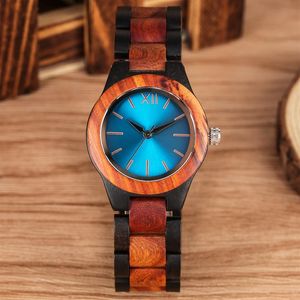 Único safira azul rosto relógios de madeira feitos à mão completa banda de madeira relógio de quartzo relógios femininos senhoras vestido clock272s