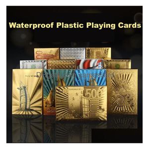 New Statue Of Liberty Style Waterproof Plastic Playing Cards Gold Foil Poker Golden Dubai 24K Plated Table Games Drop Delivery Dheam