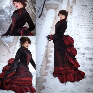 Schwarze und burgunderrote Gothic-Brautkleider mit langen Ärmeln, viktorianisches Spitzen-Blumenkostüm, geschäftiger Rock und Samtjacke für die Braut G233b