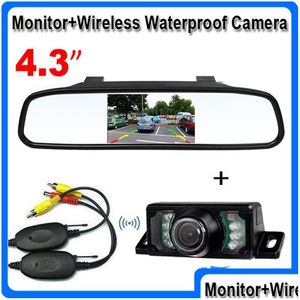 Bil bakifrån kameror parkeringssensorer 4,3 tum TFT spegelmonitor Assitance Night Vision Wireless Waterproof Reversing Camera Drop Del Dhheh