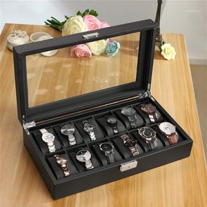 Skórzana 12 gniazdka Warbowodowa Watch Pudełka Włókno Wysokość Biżuterii Uchwyt do przechowywania Winder Black Large Watchs Box Saat Kutusu1257D