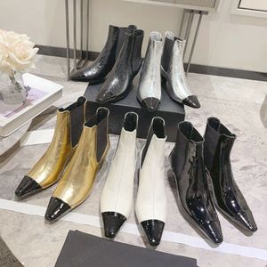 أعلى جودة العلامة التجارية مربعة مربع الكعب الكعب الحذاء Med-Heeled Women's Dress Shoes Fashion Boots Boots Booties Gold Silver White Black 5cm