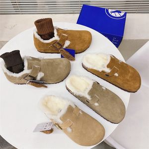 Boston Clogs Fluffy tofflor Designer Fur Slides Soft Bottom Cork Winter Flat Sandals Real Leather Women Outdoor Shoes Storlek 35-40