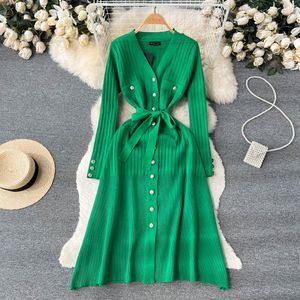 Basic Casual Dresses Elegant Golden Buttons Single Breasted Long Sleeve V Neck Knitted A Line Dress With Belt Autumn Winter Warm S308w