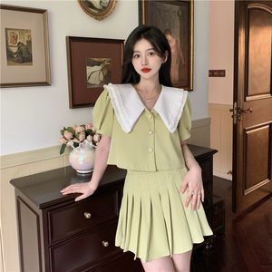 Tvådelt klänning Koreanskt mode 2 Blazer Set Women Doll Collar Top och High midje veckad minikjol Puff Sleeve Button Jacketad Outfits 230914