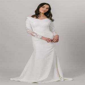 2021 Semplice sirena crêpe abito da sposa modesto con maniche lunghe scollo a V bottoni sul retro sirena abiti da sposa abito da sposa LDS personalizzato M278A