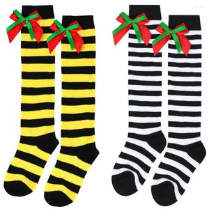 Женские носки, детские рождественские двухслойные цветные длинные чулки до колена с бантом для девочек, милые аксессуары для летнего платья