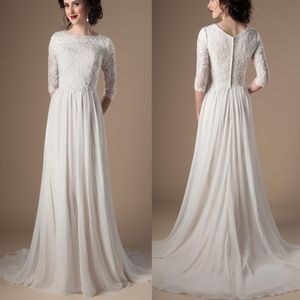 Ivory Champagne Modest Wedding Dresses With 3 4 Sleeves Beaded Lace A-line Chiffon Boho Informal Bridal Gown LDS Religious Wedding216S