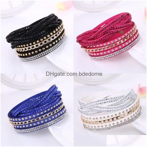 Tennis koreanska kvinnor kristall wrap armband mtilayer veet läder diamant armband armband band manschett för tjej mode smycken gåva drop dh5bk