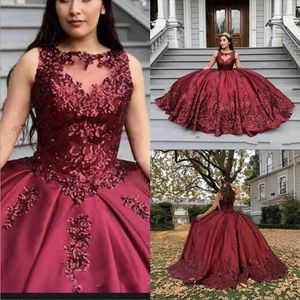 2023 Burgundy Quinceanera Dresses Jewel Sheer Neck Sequins Lace Applique Embroidery Tulle Sleeveless Ballgown Prom Formal Evening Wear