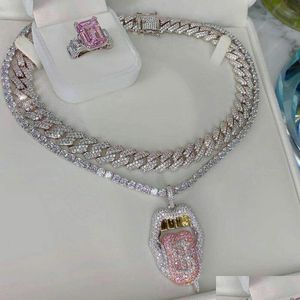 14K Rame Lingua Iced Out Bling 5A Cz Y Bocca Collana con ciondolo Simbolo del dollaro Micro pavimenta Cubic Zirconia Gioielli Consegna di goccia