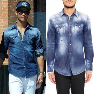 Мужская джинсовая рубашка с выцветшим эффектом, крутая приталенная рубашка с длинными рукавами, винтажные однотонные ковбойские рубашки Man216L