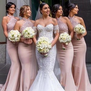 2023 Sexy Blush Pink Lace Appliqued Mermaid Bridesmaid Dresses Cheap Halter Backless Wedding Guest Gown Long Formal Party Evening Prom Dresses Gowns