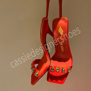 Sandálias de salto alto Attico Square Toe para mulheres cristal diamantes sapatos de marca de luxo seda genuína sexy festa casamento mules sapatos femininos bombas de férias chinelos