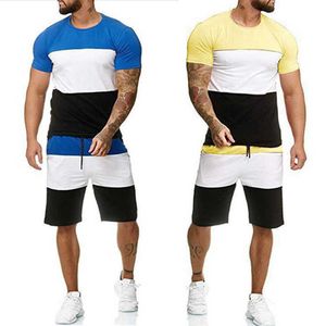 Men's Three Color Patchwork Short Sleeved Set Summer Hot Sale Oneck Tshirts and Quickdry Shorts Classic Gym Cool Outfits