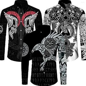 Camisas casuais masculinas verão moda viking tatuagem tops camisa masculina odin eagle 3d impresso novidade harajuku streetwear botão blou208k