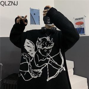 Suéteres masculinos homens feios vintage suéteres outono anjo impressão pulôver hiphop preto suéter de malha y2k streetwear unisex jumper crochê top 230914