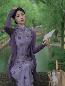 Basic Casual Dresses Chinese Vintage Lady Qipao Improved National Style Women Cheongsam Dress Purple Sexy Retro Set 230915