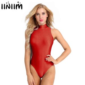 Macacões femininos macacão iiniim mulheres adulto verão maiôs sem mangas estiramento sólido alto corte de volta zíper bodycon dança collant bodysuit fatos de banho 230914