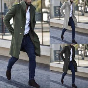 Herrgravrockar Autumn Winter New Men's Woolen Stand Collar Overcoat Mid-Längd Pocket Casual Trend Slim Coat Male Solid Thick Warm Outterwear T230915