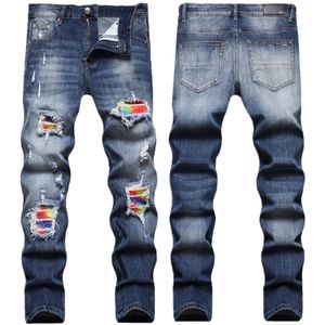 Jeans masculinos high street patch personalizado outono e inverno elástico fino ajuste pés pequenos calças na moda