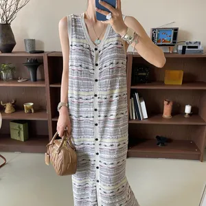 Maje Vestido feminino francês sem mangas multicolorido retrô com decote em V