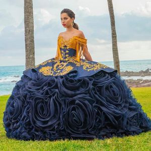 Navy Ball Gown Quinceanera Dresses Beaded Detachable Skirt Prom Gowns Off The Shoulder Neckline Cascading Ruffles Sweet 15 Corset Masquerade Dress