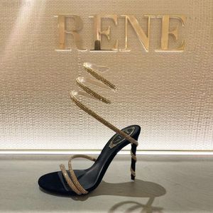 Rene Caovilla Margot صندل من جلد الغزال المزين Snake Strass Stiletto Heels Women’s High Cheeled Oquury Luxury Class Wraparound Evening Shoes Footorg Footsory