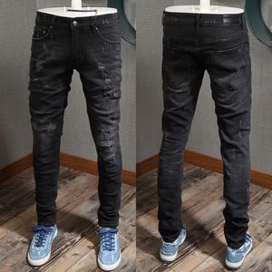 Homem desgastado remendo jeans preto danos estiramento magro ajuste calças jeans310g