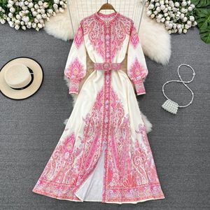 Spring and Autumn Luxury Retro Style Long sleeved Round Neck Waist Slim Single breasted Printed A-line Dress Elegant Long Dress