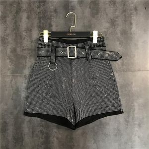 Moda europeia novo design feminino cintura alta com faixas de cinto strass shinny bling retalhos solto plus size shorts trou311a