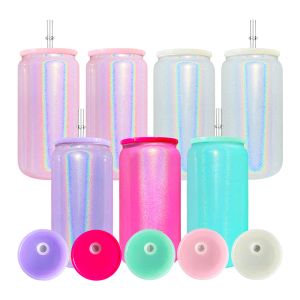 卸売バルク送料無料トラベルマグブランク昇華混合色16オンスの虹色のきらめきグラスは、昇華熱伝達のためのプラスチックの蓋付きの缶I0915