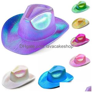 Chapéus de festa Espaço Cowboy Hat Neon Sparkly Glitter Brilhante Caps Holográfico Rave Fluorescente Halloween Costume Acessórios Drop Delivery H Dhqji