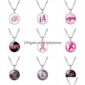 Pendant Necklaces Breast Cancer Awareness Pink Ribbon For Women Glass Faith Hope Cure Believe Letter Chains Fashion Jewelry In Bk Drop Dh3Hm