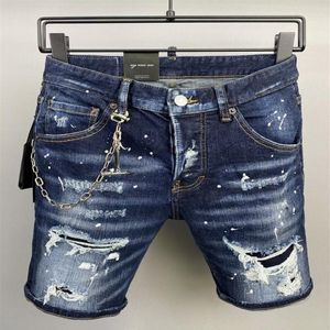Man Chain Patch Short Jeans Rip Painted256r