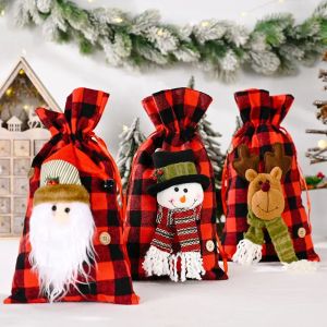 Jul Santa Sacks Buffalo Plaid Snowman Reindeer Candy Gift Xmas Treats DrawString PASS Party Supplies