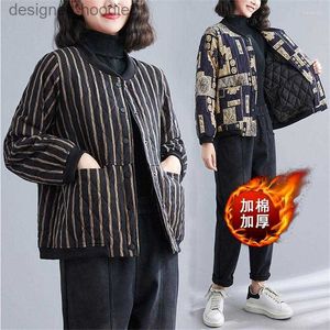 Women's Down Parkas Women's Jackets Stripe Printed Quilted Jacket Women's Cotton and Linen Short Coat Retro Loose Big Size Casual Warm Autumn Winter L230915