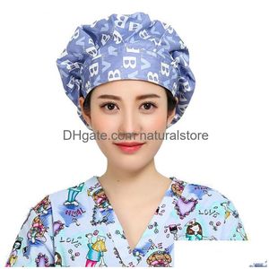 Beanie/Kafatası Kapakları Pamuk Scrubs Beanie West-Absorbent Elastik Bölüm Evcil Hayvan Bakım Hemşirelik İşleri Şapkalar Laboratuvar Çiçek Baskı Scrub Şapka Damla D DHDSJ