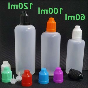 Bottiglia per imballaggio in plastica PE 60ml 100ml 120ml Bottiglie contagocce vuote Ago traslucido Tappi a prova di bambino per oli liquidi succhi di vapore E Vap Cxba