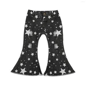 Trousers 1-6Y Kids Girl Pants Ruffle Flared Ripped Hole Warm Winter Fall High Waist Wide-Leg Denim Star Printed Clothes