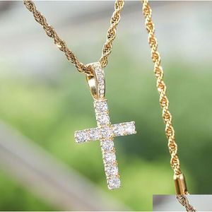 14K Gold Plated 925 Sterling Sier White Clear Diamond Cz Cross Pendant Halsband med M 18inch Rope Chain 42mmx22mm Drop Delivery