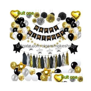 Party Decoration Partybox Black Gold Set Balloons Flags Tassels Flowers Stars - Perfect For Birthdays Gifts Drop Delivery Home Garden Dhf6X