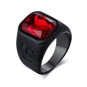 Solitaire Ring Mode Edelstahl Trendy Herren Punk Gothic Biker Red Square Rubinstein Schwarz Ringe Schmuck mit Glassteinen Tropfen Dhjgi