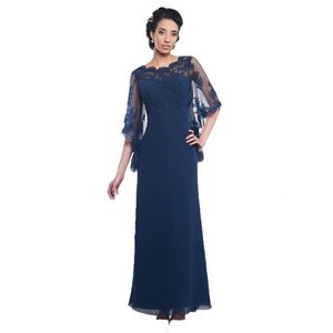 Marineblaue Mutter der Braut Kleider Chiffon Eine Linie bodenlange lange Abendkleid -Abschlusskleider eleganter Stil Tüll mit Applikat 186H