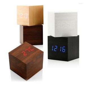 Table Clocks Modern Cube Wooden Digital LED Desk Voice Control Alarm Clock AU