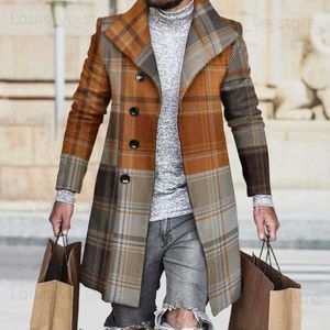 Herrgravrockar Autumn Winter Men's Single Breasted Woolen Overcoat Plaid Print Male Long Thicken Windbreaker Fashion Causal Exterwear Men T230915