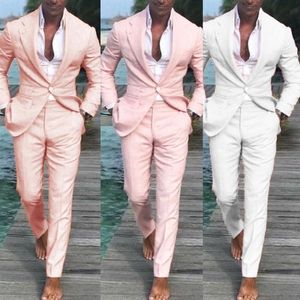 Abiti da uomo Blazer Costume Homme Abito rosa per Groomsman Beach Wedding Lino 2022 Estate 2 pezzi Uomo Vacanza Vacanza Made191d